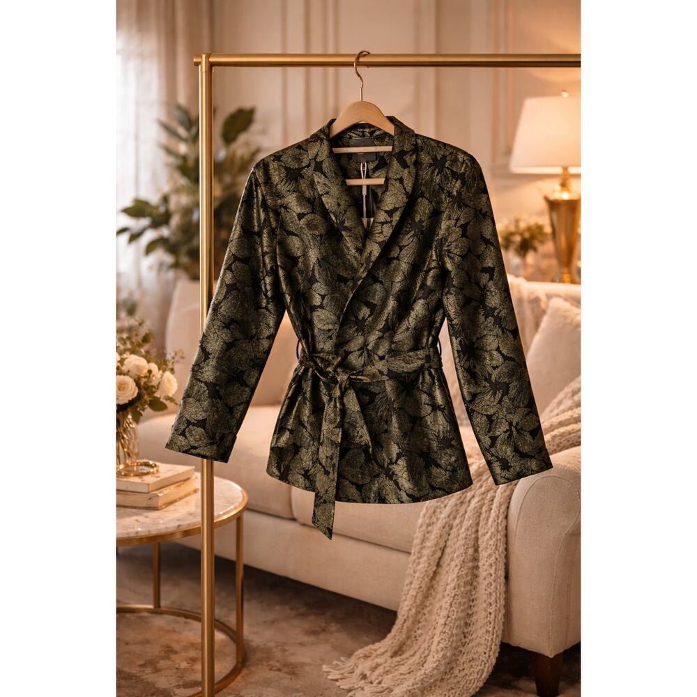 ICHI Viola Blue Floral Baroque Belted Blazer Size 10 NWT Shawl Lapel Quiet Luxe